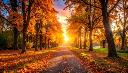 Naklejka premium Autumnal park pathway at sunset