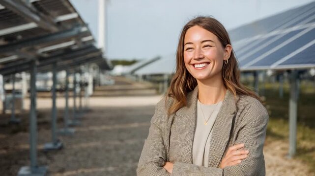Sustainable Smile: A visionary woman, standing proudly amidst rows of solar panels. The photo captures the essence of renewable energy.