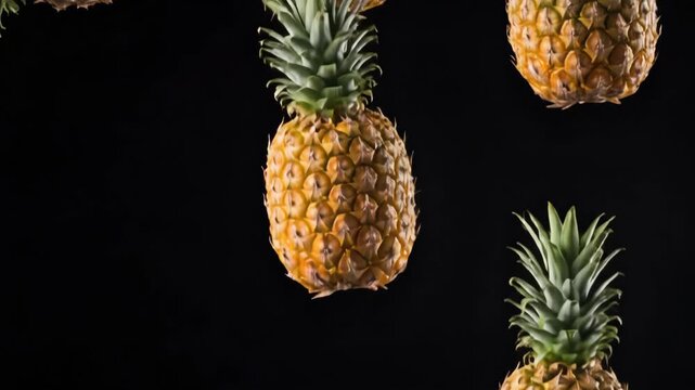 Fresh Pineapples Falling in Slow Motion on Black Background. freshness, and tropical appeal.
