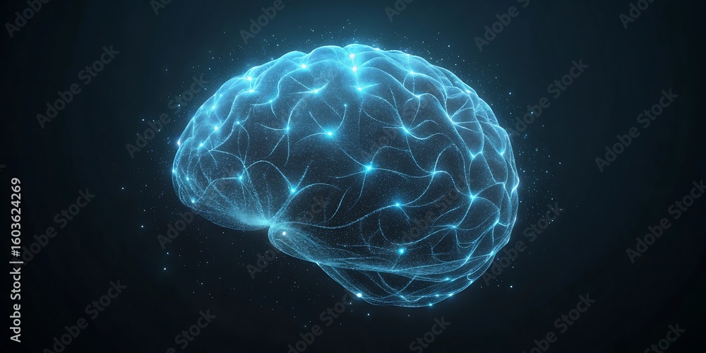 Poster an abstract digital brain glowing with blue light and interconnected nodes symbolizing neural networ