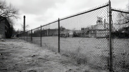 Chain Link Fence Surrounding Abandoned Factory in Black and White