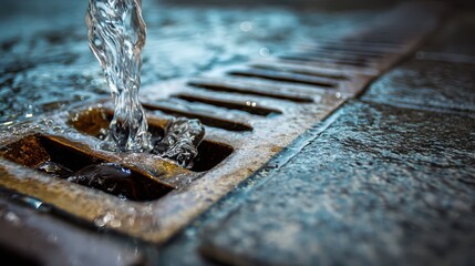 Close-Up of Water Flowing into Metal Drain with Reflections
