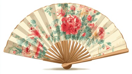 A vector illustration of a fully opened, floral-patterned hand fan with wooden ribs against white