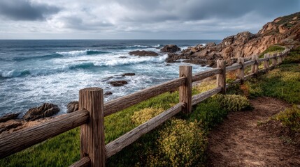 Fototapeta premium Coastal Fence Overlooking Crashing Waves at Scenic Shoreline