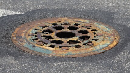 Corroded Metal Drain Cover in Parking Lot Aged and Weathered Design
