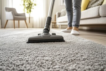 Grey carpet being vacuumed in a modern living room.