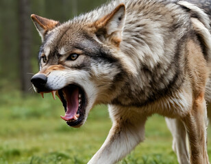 Fototapeta premium Portrait of a furious gray wolf. An angry wolf is roaring in the forest. Digital art. A wild animal.