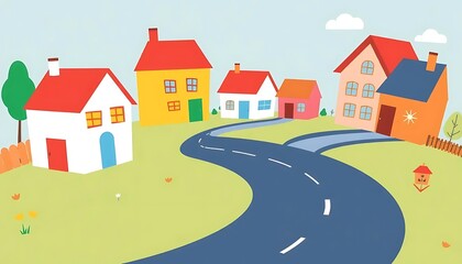 Cartoon neighborhood vector illustration with colorful houses and winding road graphic design
