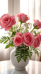 Bouquet of pink roses in white vase, on white marble table in front of white sheer curtains, big full blooms. JPEG, 3.5MB, 9x16in, 2700x4800px, 300p/i