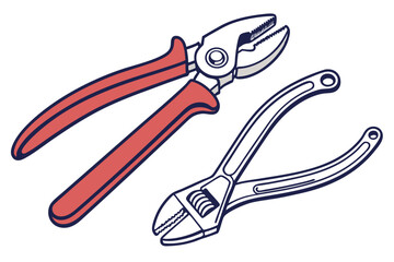Illustration of Lineman's Pliers and Adjustable Wrench Hand Tools Essential for Various Mechanical, Plumbing, and Electrical Tasks on White Background