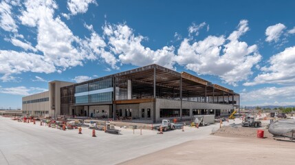 Obraz premium A large industrial building under construction with steel framework, construction vehicles, and equipment under a bright blue sky with scattered clouds