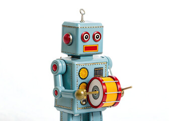 A vintage blue toy robot holding a yellow and red drum with a white background in a studio shot