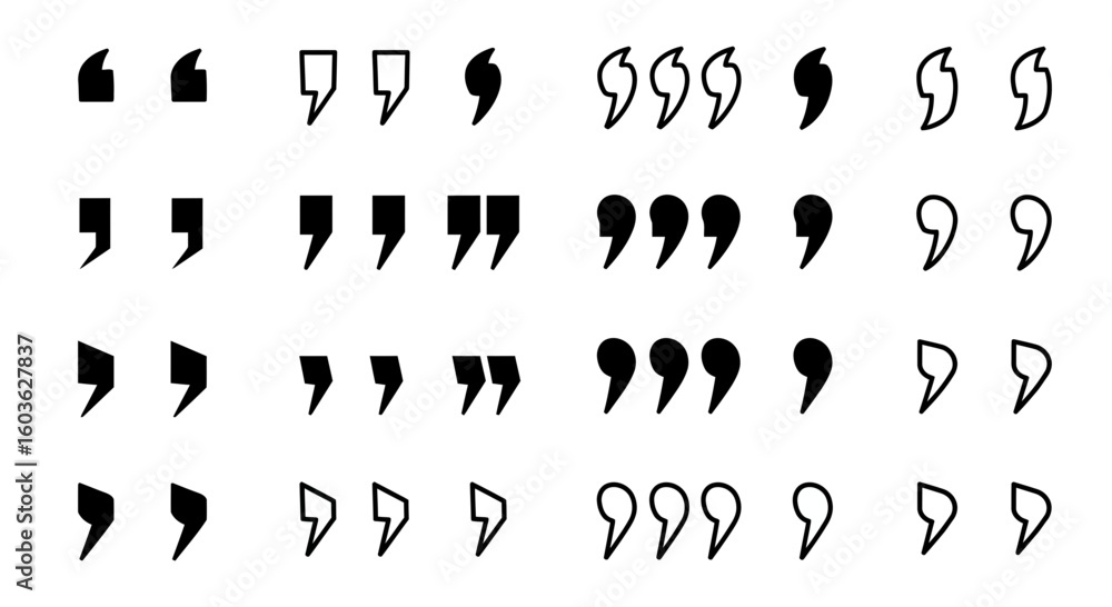 Poster diverse styles of quotation marks on a white background for design and typography