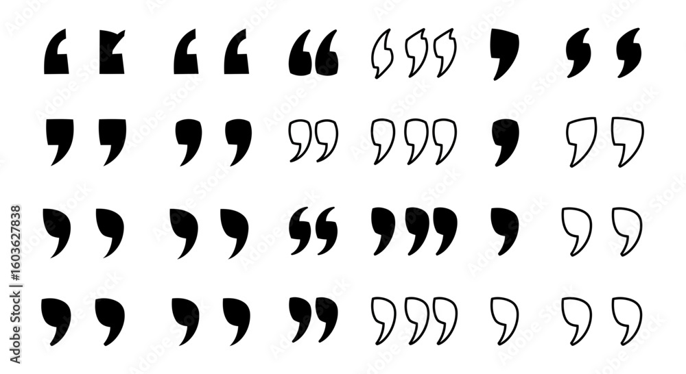 Poster collection of vector quote mark icons in various styles and formats