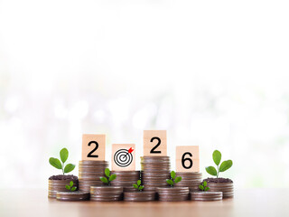 Wooden blocks with the number 2026 and plants growing up on stack of coins. The concept of saving money, Financial, Investment and Business growing in year 2026.