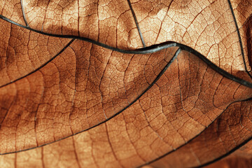 Autumn Dried leaf closeup at sunlight, macro trend, brown leaf as nature background. Fall aesthetic backdrop with natural veins texture of foliage, warm monochrome autumnal color, low depth of field