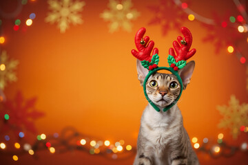 Fototapeta premium Devon Rex cat wearing red reindeer antlers on an orange background. Cat with big ears in a Christmas costume. Holiday concept with copy space for a greeting card.