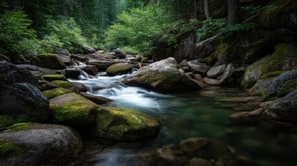 Obraz premium Tranquil Mountain Stream Flowing Gently at Dawn in Nature's Embrace