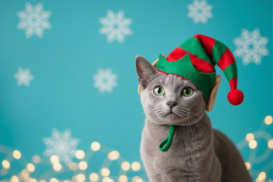 Russian Blue cat in a green and red elf hat. Grey cat with green eyes on a blue winter background with snowflakes. Christmas pet portrait with copy space.