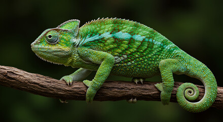Obraz premium A vibrant green chameleon perched on a branch