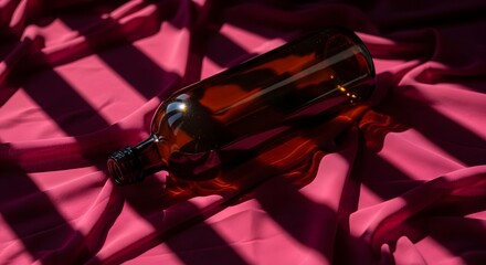 A brown glass bottle lies on a vibrant pink fabric with light and shadow play creating a dramatic scene. The fabric's folds add texture. The scene highlights light and shadow.