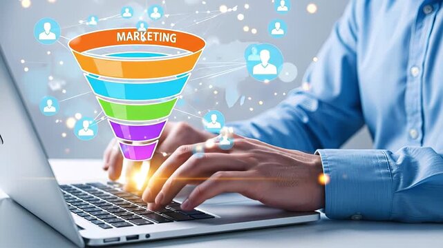 Person typing on laptop with colorful digital marketing funnel and user icons representing customer journey. Concept of lead generation, conversion and online marketing strategy
