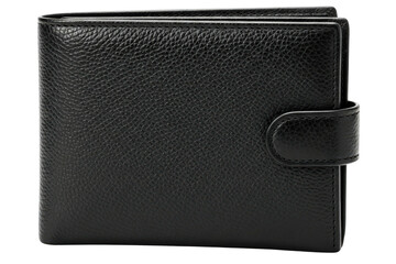 Naklejka premium Classic black textured leather bifold wallet with snap closure isolated on a transparent background