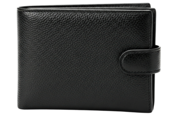 Classic black textured leather bifold wallet with snap closure isolated on a transparent background