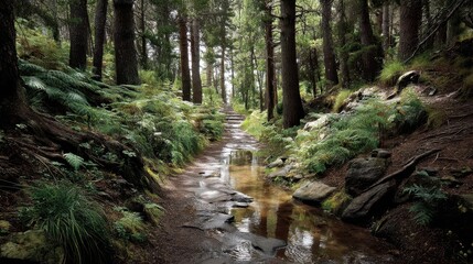 Fototapeta premium Serene Forest Trail with Natural Water Drain Amidst Lush Greenery