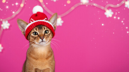 Fototapeta premium Abyssinian kitten in a winter hat on a pink background. Cute cat in a Christmas costume. Holiday banner with copy space.