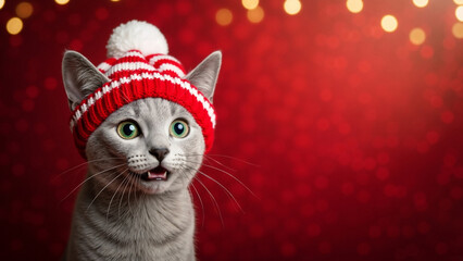 Funny Russian Blue cat in a winter hat on a red background. Surprised grey cat with an open mouth. Christmas holiday portrait with copy space.