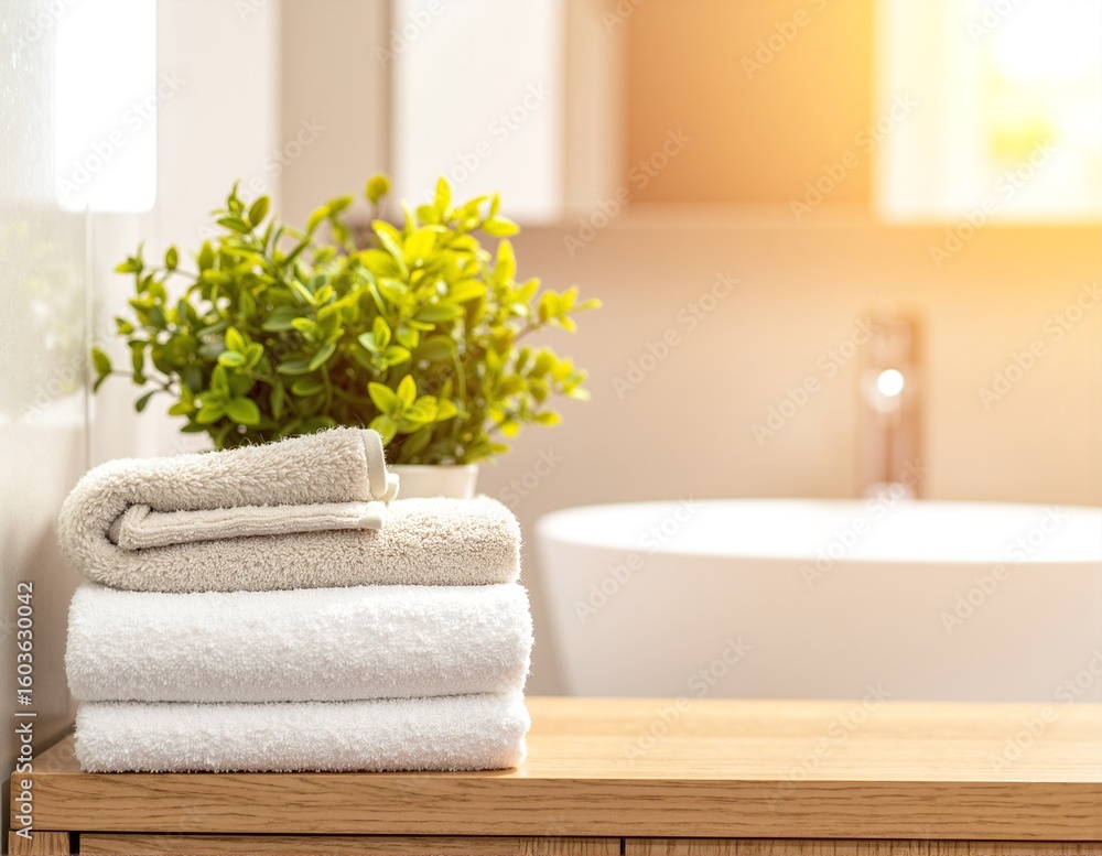 Poster a neatly arranged stack of soft, colorful towels rests on a rustic wooden table, showcasing various 