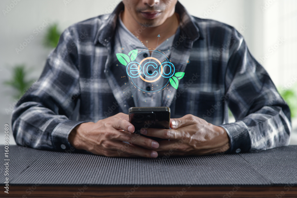 Poster man using smartphone with eco-friendly concept graphic displayed