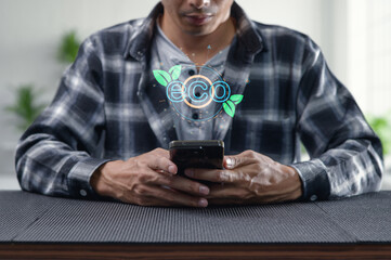 Man Using Smartphone with Eco-Friendly Concept Graphic Displayed