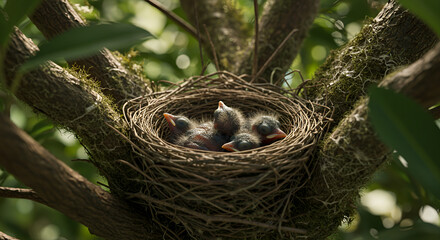 Baby birds nestled in a tree nest