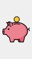 Fototapeta premium Cartoon Pink Piggy Bank with a Gold Coin on Top, Black Outline