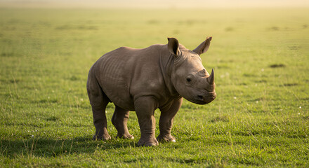 Obraz premium Baby rhino in a grassy savanna at sunrise