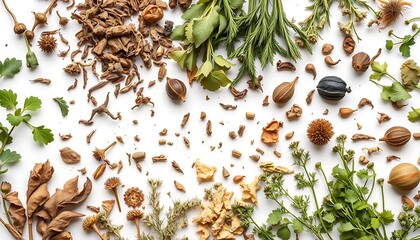 Herbal medicine ingredients background: dried herbs, leaves, seeds, and plant parts for remedies