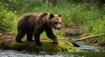 Obraz premium Brown bear cub by a stream in a forest