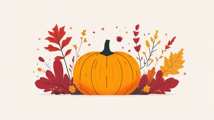 Autumn pumpkin illustration with leaves and flowers