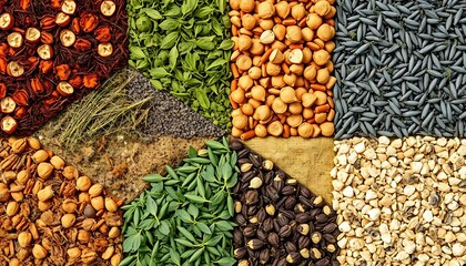 Diverse seeds and grains composition for culinary ingredients and healthy eating concept idea