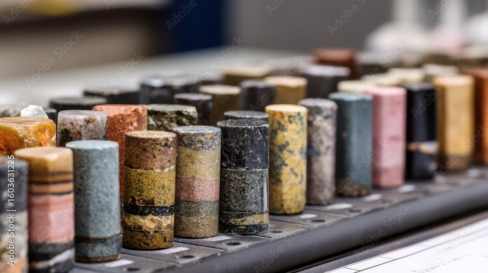 Poster mineral core samples arranged neatly in laboratory setting