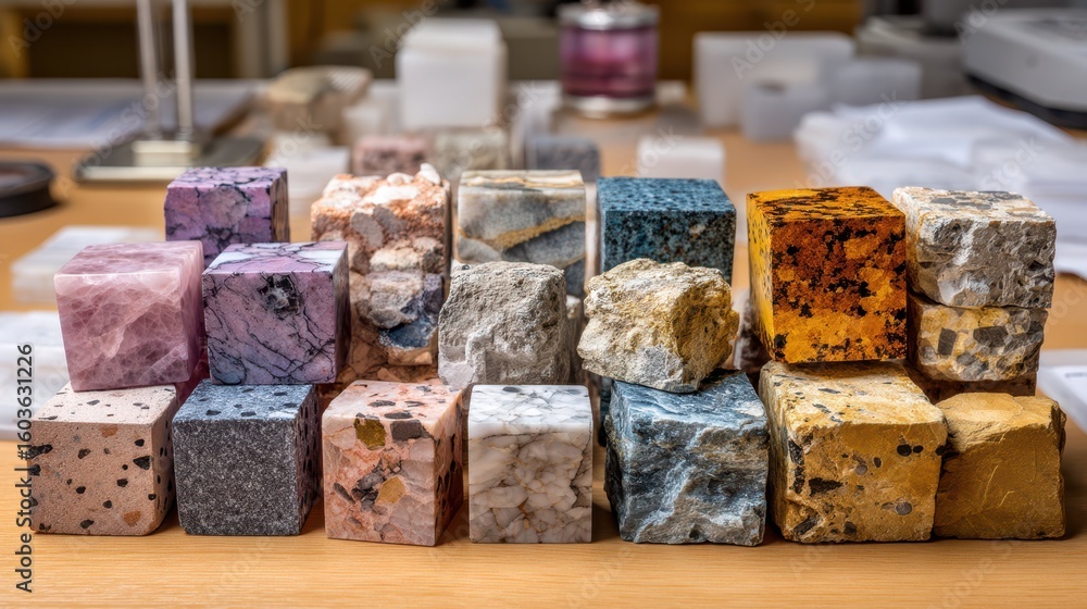 Poster mineral core samples arranged neatly in laboratory workspace