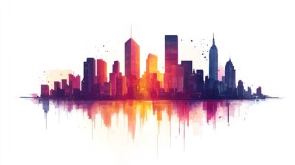 Naklejka premium Colorful city skyline reflection, urban landscape, vibrant sunset, artistic digital painting, stock photo