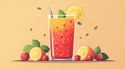 Colorful cocktail illustration with fruits and mint, for drinks menu or social media