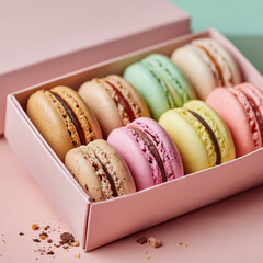 Assortment of colorful macarons neatly arranged in a clean, open pastel-colored gift box, with a few crumbs scattered artfully