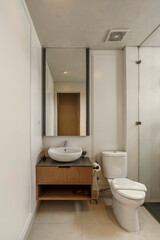 Clean and minimalist bathroom interior in white. Features a modern wooden vanity, a white vessel sink, and a rectangular mirror in a bright setting.