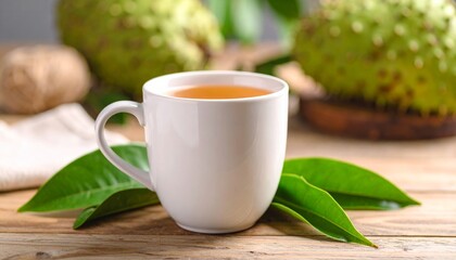 Soursop Leaf Tea in a Simple Mug on Rustic Kitchen Table 