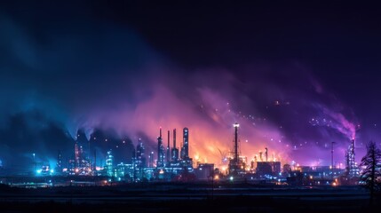 Nighttime View of a Refinery Illuminated by Colorful Lights and Smoke