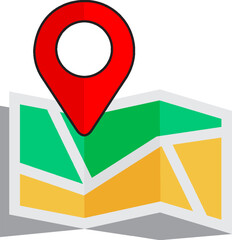 Flat vector illustration of a folded map with a red location pin marker, ideal for GPS, navigation, travel apps, and geolocation concepts.